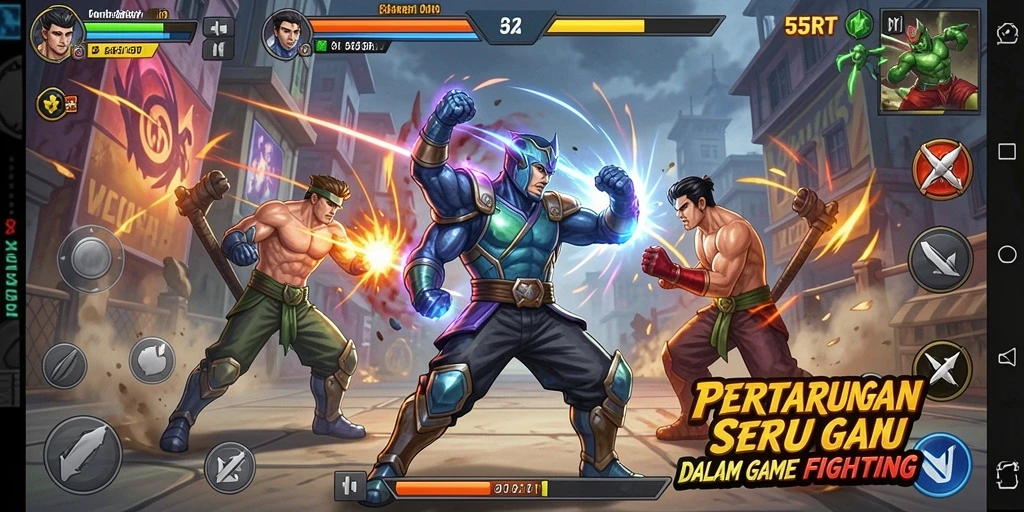 Gameplay 55RT menampilkan pertarungan karakter yang seru dan dinamis.