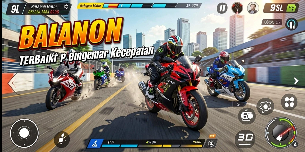 Tangkapan layar dari gameplay 9SL menampilkan balapan motor yang mendebarkan.