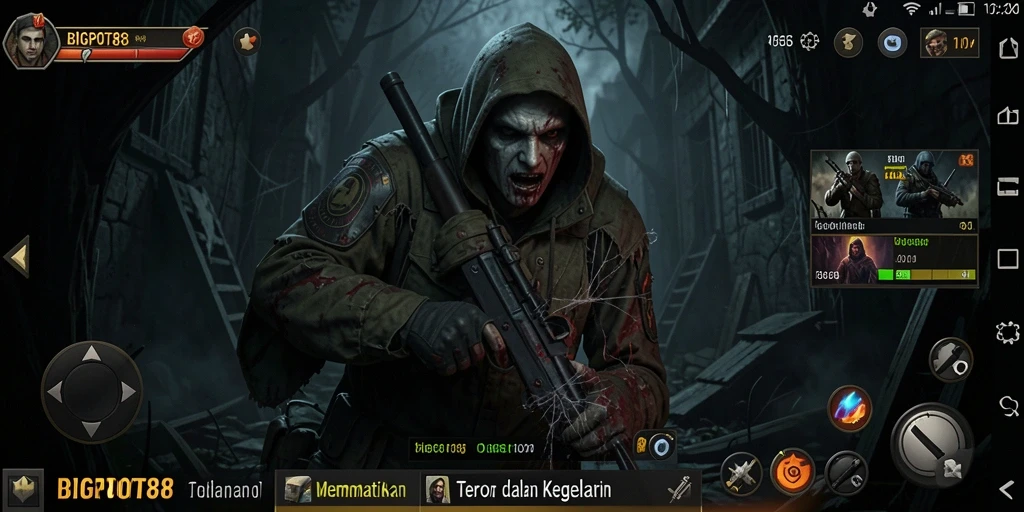 Tangkapan layar menampilkan suasana mencekam dalam <strong>BIGPOT88</strong> saat pemain menjelajahi lingkungan yang menakutkan.