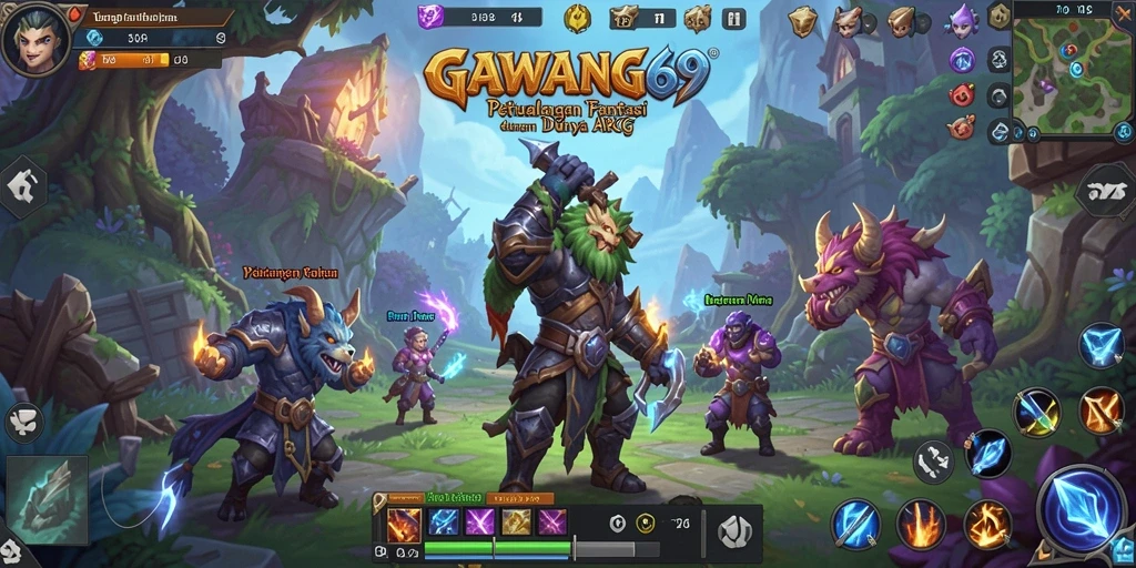 Screenshot gameplay GAWANG69 menunjukkan pertarungan seru dan lingkungan yang kaya.