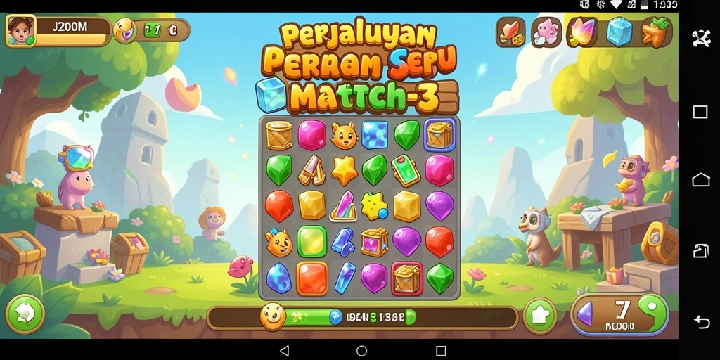 Screenshot gameplay J200M menampilkan momen seru mencocokkan gem.