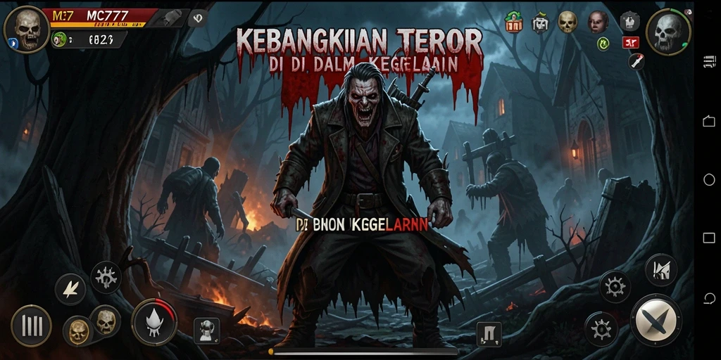 Screenshot menunjukkan momen menegangkan dalam MC777 dengan suasana yang kental akan horor.