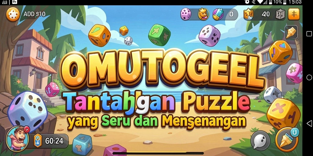Tampilan screenshot menunjukkan gameplay OMUTOGEL yang penuh warna dan seru.