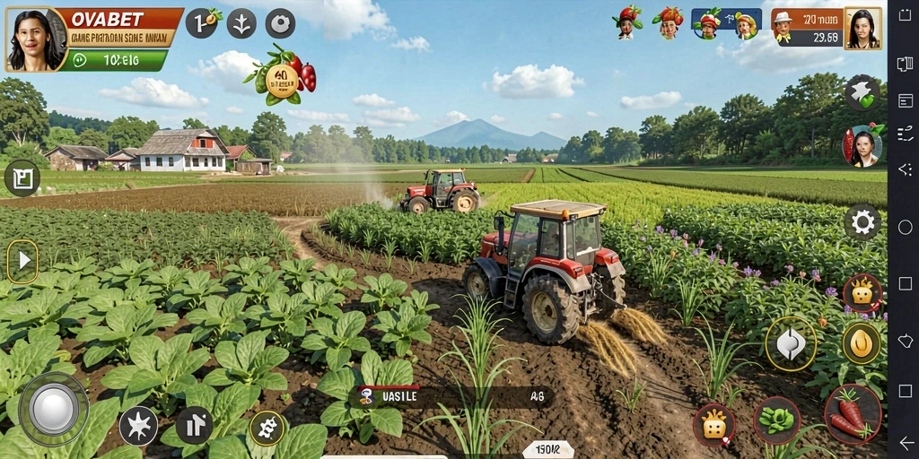Tampilan gameplay OVABET dengan ladang yang rimbun dan produk pertanian yang melimpah.