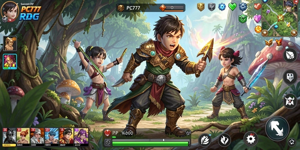 Screenshot gameplay menunjukkan pertarungan epik dalam dunia RPG PC777.