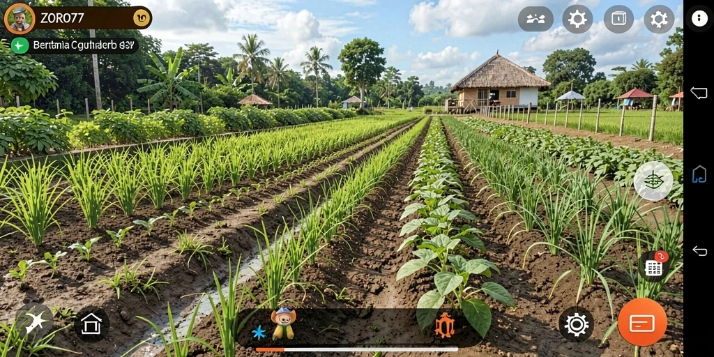 Tampilan gameplay seru dalam ZORO77 dengan aktivitas bertani yang realistis.